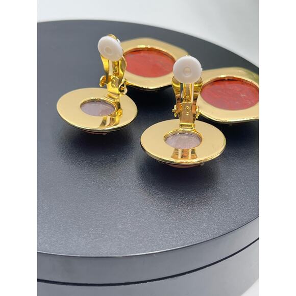 Lele Sadoughi Geo Bezel Red Harvest Jewel Drop Gold Plated Clip Runway Earring - Picture 14 of 16
